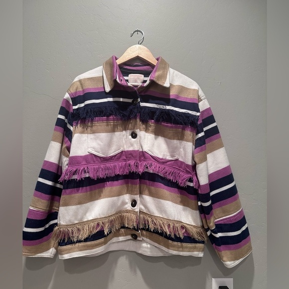 Anthropologie Alexandra Bueno Colorful Striped Fringed Jacket Size Large - Picture 2 of 6